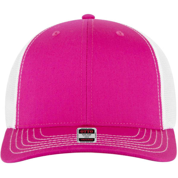 A pink and white 6 panel mid-profile trucker cap featuring a logo on the front.