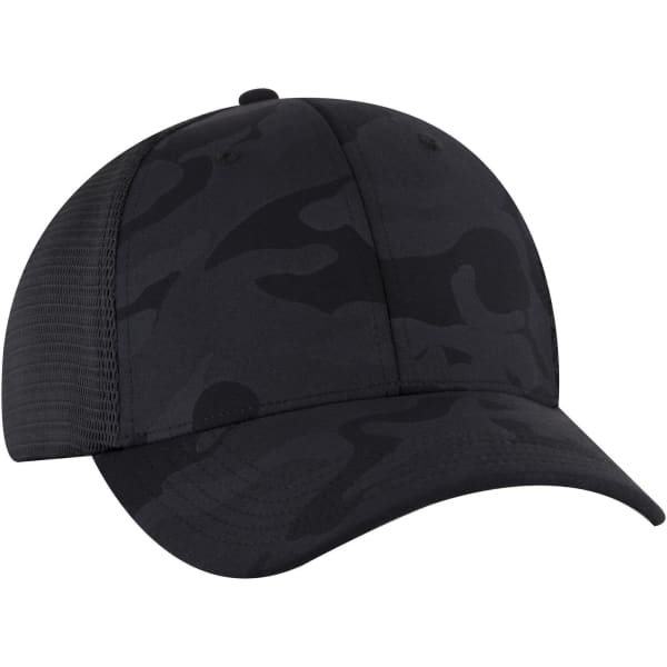 A black camo low profile trucker cap with a six-panel design and a mesh back, featuring a logo.