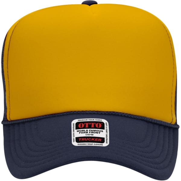 A 5 Panel High Crown Trucker Cap in yellow and navy blue, featuring a logo on the front.