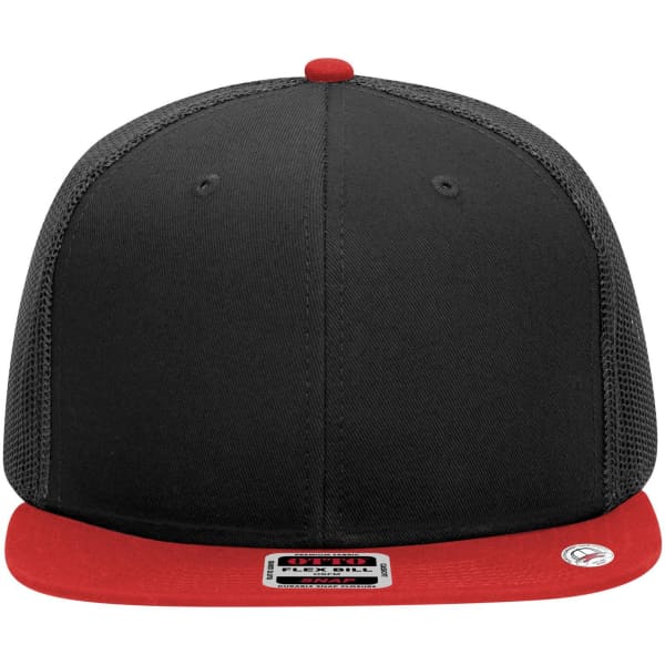 A black and red 6-panel mid-profile trucker cap with mesh back and a logo on the front.