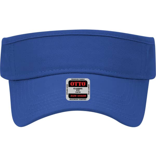 A blue sun visor with a wide brim and a logo, featuring a solid design and no additional embellishments.