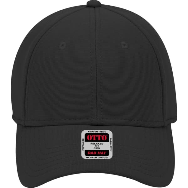 A black 6 panel low-profile baseball cap with a logo on the front and a smooth fabric finish.