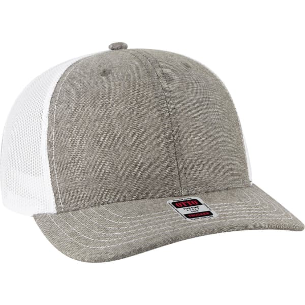 A grey and white 6 panel mid profile trucker cap with a mesh back and an adjustable strap.