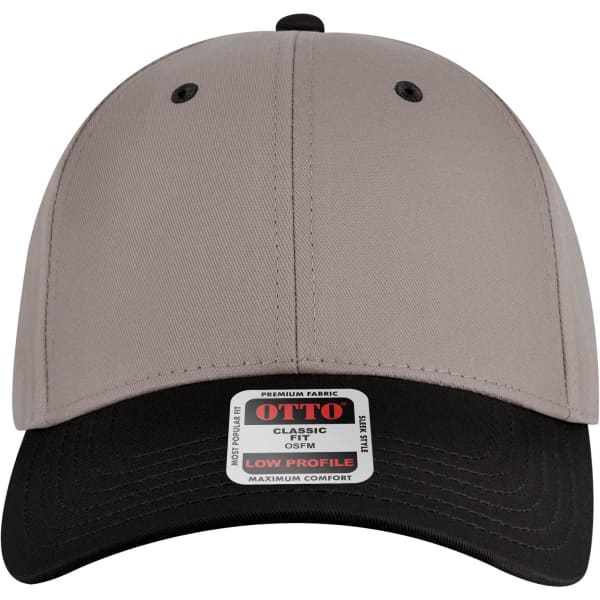A 6 panel low profile baseball cap in grey with a black visor, featuring a logo on the front.