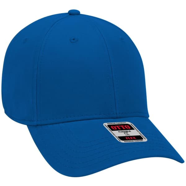 A blue 6 panel low profile baseball cap with a logo on the front.