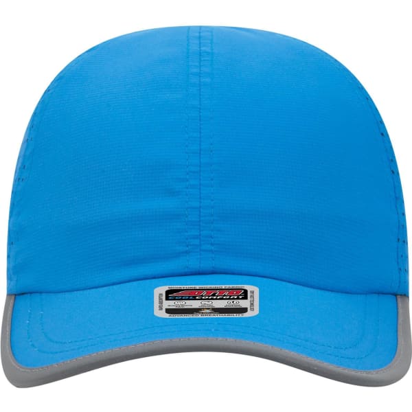 A reflective six-panel running cap in vibrant blue with a grey peak and a branding logo on the side.