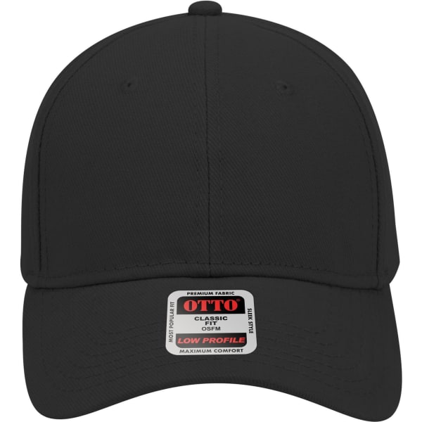 A black 6 panel low profile baseball cap featuring a logo on the front and a tag on the underside of the brim.