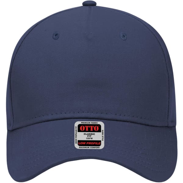 A navy blue 5 panel low profile baseball cap with a branded tag on the front.