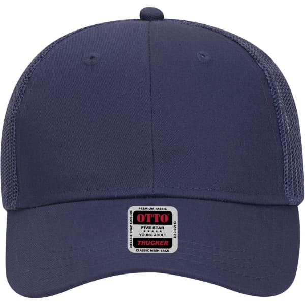 A navy 6-panel low profile trucker cap featuring a mesh back and a prominent logo.