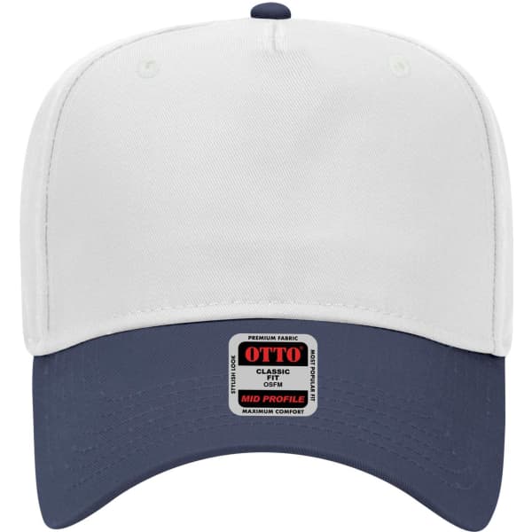 A 5 panel mid crown baseball cap featuring a white top and a navy peak, with a logo on the front.