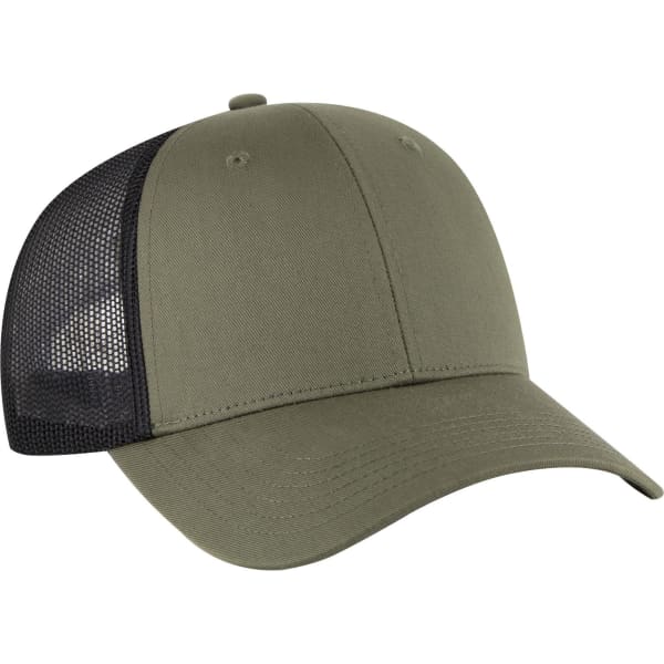 A 6 panel low profile trucker cap in olive green with a black mesh back and a branding logo.
