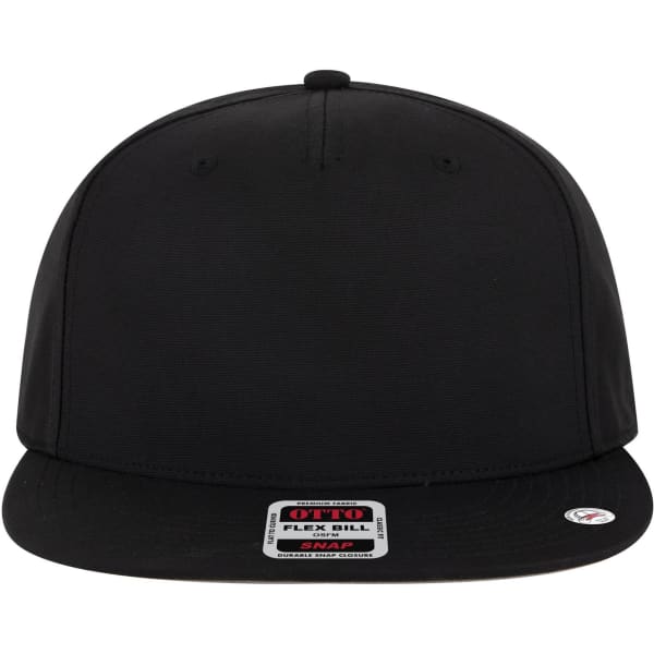 A black snapback cap with a flat brim and a grey undervisor, featuring a logo on the front.