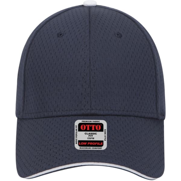 A navy blue 6-panel low profile baseball cap with a stitched logo and a structured design.