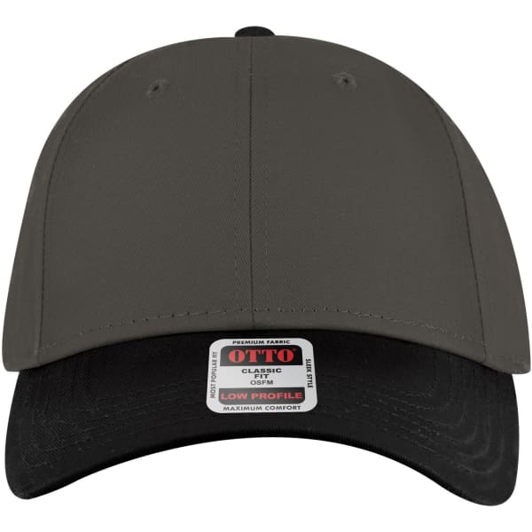 A low profile baseball cap in grey with a black peak and a logo on the front.