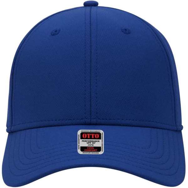 A blue six-panel low profile baseball cap with a logo on the front. Features a structured design and a curved brim.