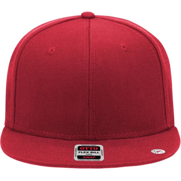 A red 6-panel mid profile snapback cap with a flat brim and a logo on the front.