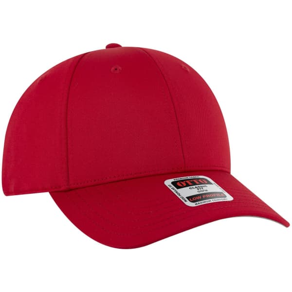A red 6 panel low profile baseball cap with a curved brim and a logo on the front.