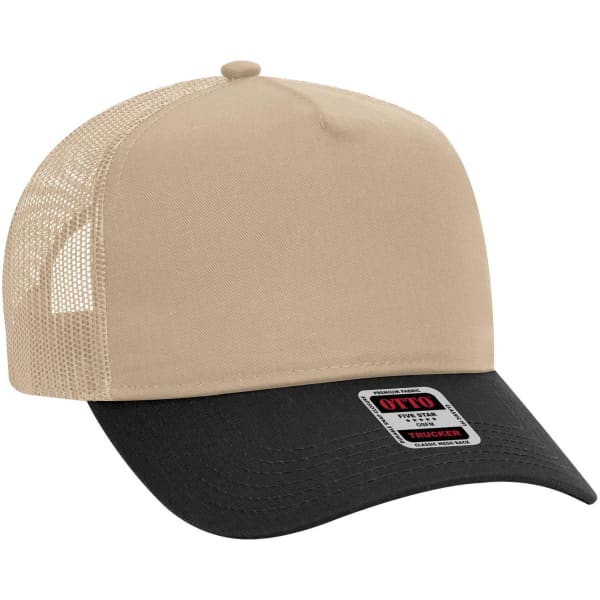 A beige and black 5-panel mid profile trucker cap with mesh sides and a logo on the front.