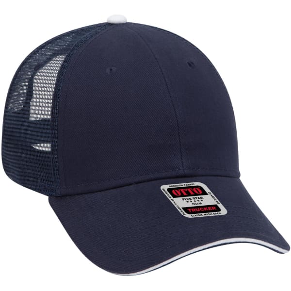 A navy low profile trucker cap with a mesh back and a logo on the front.