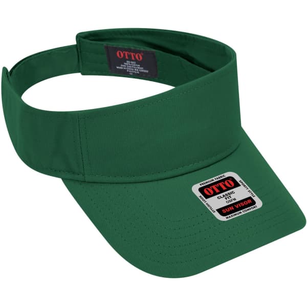A green sun visor with a wide brim and an adjustable band. The product features a logo on the inside.