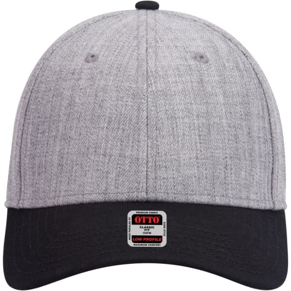 A grey and black 6 panel low profile baseball cap with a logo on the front.