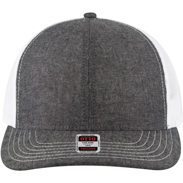 A grey and white 6 panel mid-profile trucker cap with a mesh back and a logo on the front.