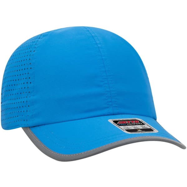 A blue reflective six-panel running cap featuring a grey brim and ventilation holes. It also has a logo.