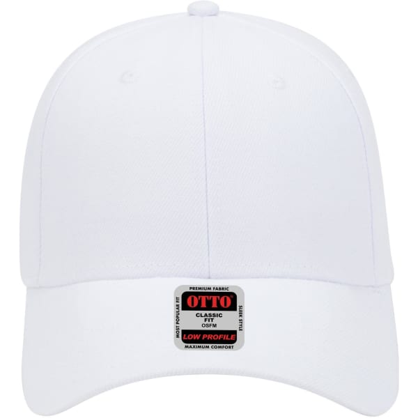 A white 6 panel low profile baseball cap with a logo on the front. The cap features a classic design.