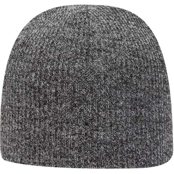 A grey rib knit beanie with a snug fit and textured fabric, featuring a logo on the side.