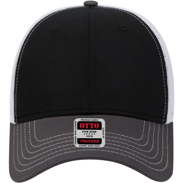 A black and grey 6 panel low profile trucker cap with a white mesh back and a logo on the front label.
