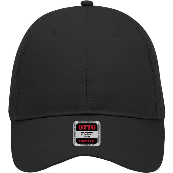 A black low profile baseball cap with a mesh back and a logo on the front label.