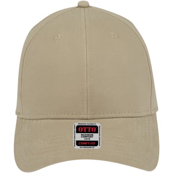 A beige low profile baseball cap with six panels and a logo on the front label.