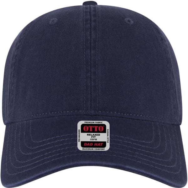 A navy blue 6 panel low profile dad cap featuring a branded tag on the front. The fabric appears soft and relaxed.