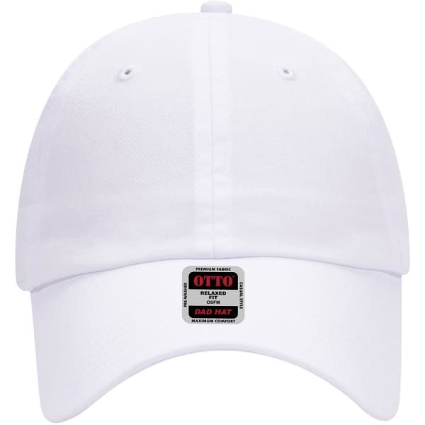 A white six-panel low profile dad cap featuring a logo on the front.