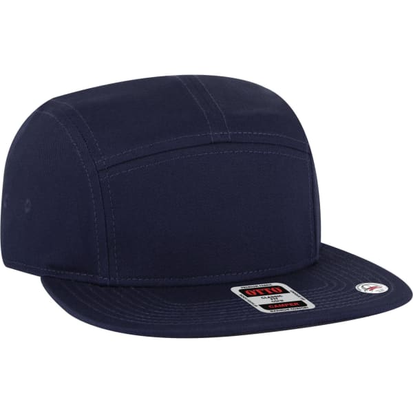 A navy blue 5 Panel Camper Hat with a flat brim and a logo on the side.