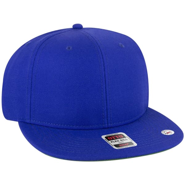 A blue snapback cap with a flat brim, featuring a green undervisor and a logo on the side.