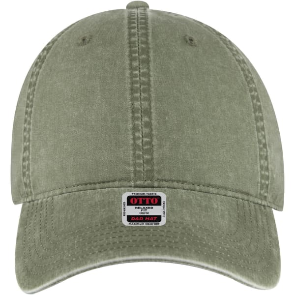 A green 6-panel low profile dad cap featuring a front seam and a logo label.