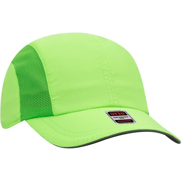 A reflective six-panel running cap in bright green with mesh accents and a branded logo.