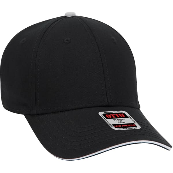 A black 6 panel low profile baseball cap with a logo and contrasting white details.