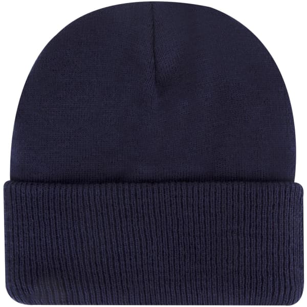 A classic knit beanie in navy blue with a folded ribbed cuff and a smooth top. It features a logo.