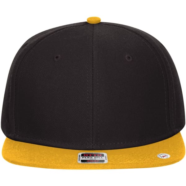 A snapback cap featuring a black crown and a golden visor, complete with a logo on the front.