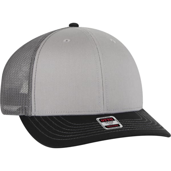 A grey and black 6-panel mid-profile trucker cap with mesh back and a logo on the front.