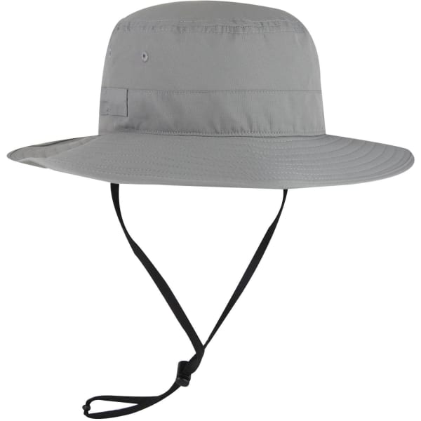 A grey Polyester Pongee Boonie Hat with a wide brim and adjustable chin strap. It features a branding logo.