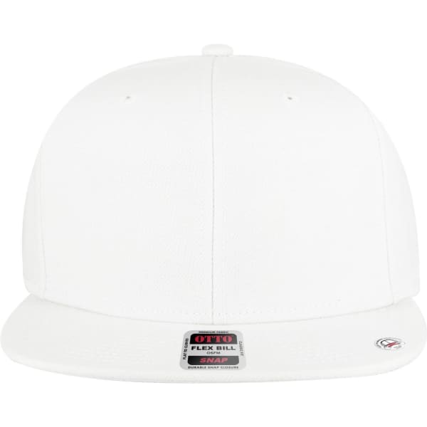 A white 6 panel mid-profile snapback cap featuring a flat peak and a logo on the front.