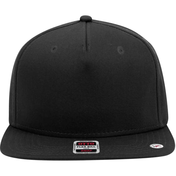 A black 5 panel mid-profile snapback cap with a flat brim and a branded tag on the front.