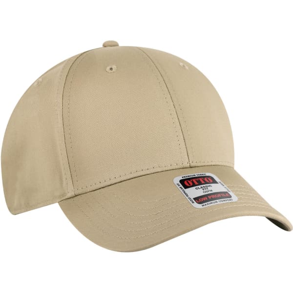 A low profile baseball cap in beige with an adjustable strap and a logo label on the side.