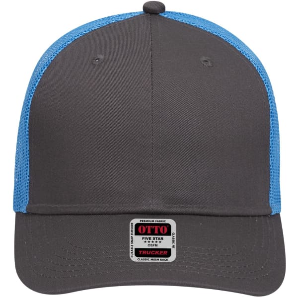 A grey trucker cap with blue mesh panels and a logo on the front. Features a low profile design.