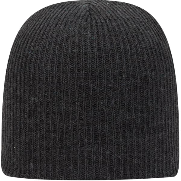 A black rib knit beanie with a snug fit, featuring a branding logo.