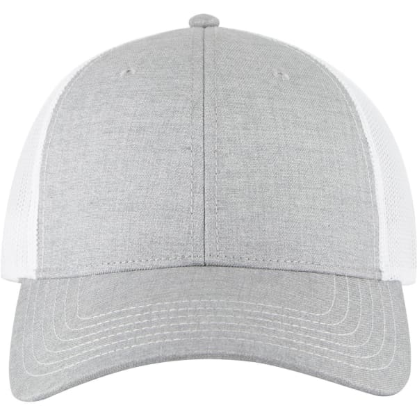 A grey low profile trucker cap with a white mesh back and a small logo on the front.