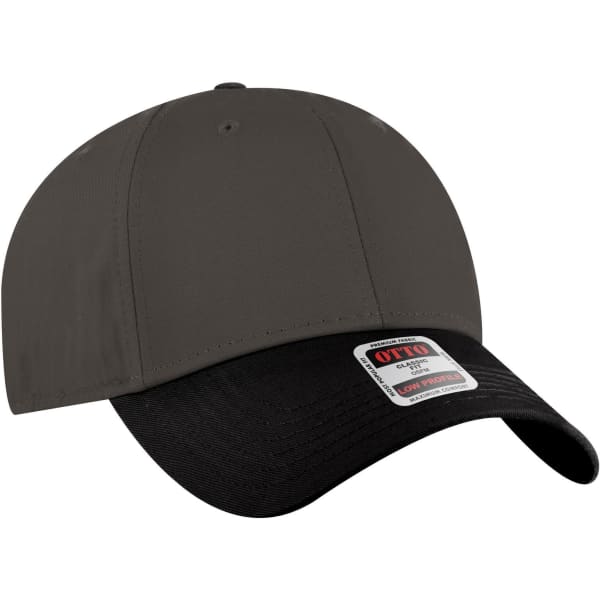 A low profile baseball cap featuring a black and grey design, with a branded logo on the front.